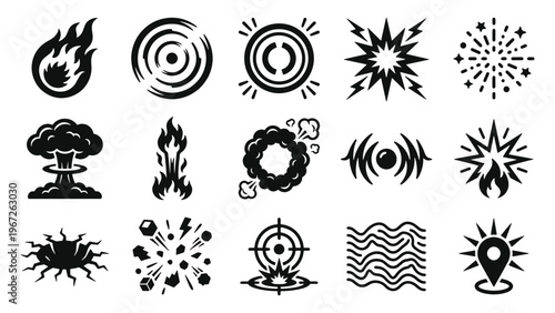 
Explosion blast and shockwave effect glyph icon set for gaming, action media, special effects, and impact animation UI design