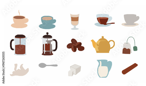 Colorful flat vector coffee and tea icons with mugs, pots, and accessories for café design