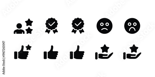 a collection of black and white emoticon and rating icons, user feedback smiley faces with star rating like dislike satisfaction scale symbols for app interface ui ux vector illustration.