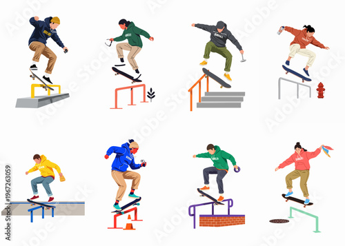 Set of Flat Vector Illustrations Featuring Diverse Skateboarders Performing Tricks on Various Urban Obstacles like Rails, Stairs, and Ramps.