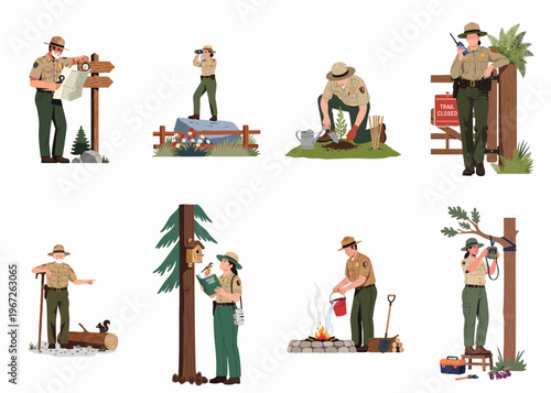 Collection of diverse park rangers performing professional duties like wildlife conservation, environmental protection, fire safety, and guiding visitors in national parks.