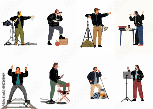 Set of film crew members in flat vector style working on a professional movie production with cameras, microphones, and clapperboards