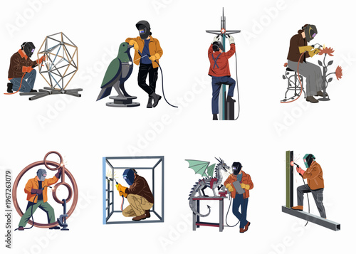 Set of illustrations depicting professional welders crafting metal art, sculptures, and industrial structures with protective gear and welding torches on a white background.