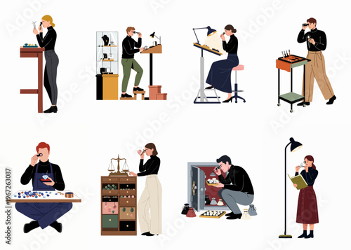 A collection of illustrations showing professional jewelers and gemologists examining, evaluating, and working with diamonds and various colorful gemstones in different settings.