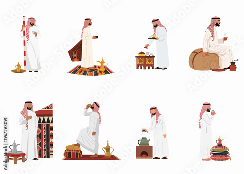 Set of flat illustrations depicting Saudi men in traditional attire enjoying Arabic coffee and hospitality in various cultural settings.