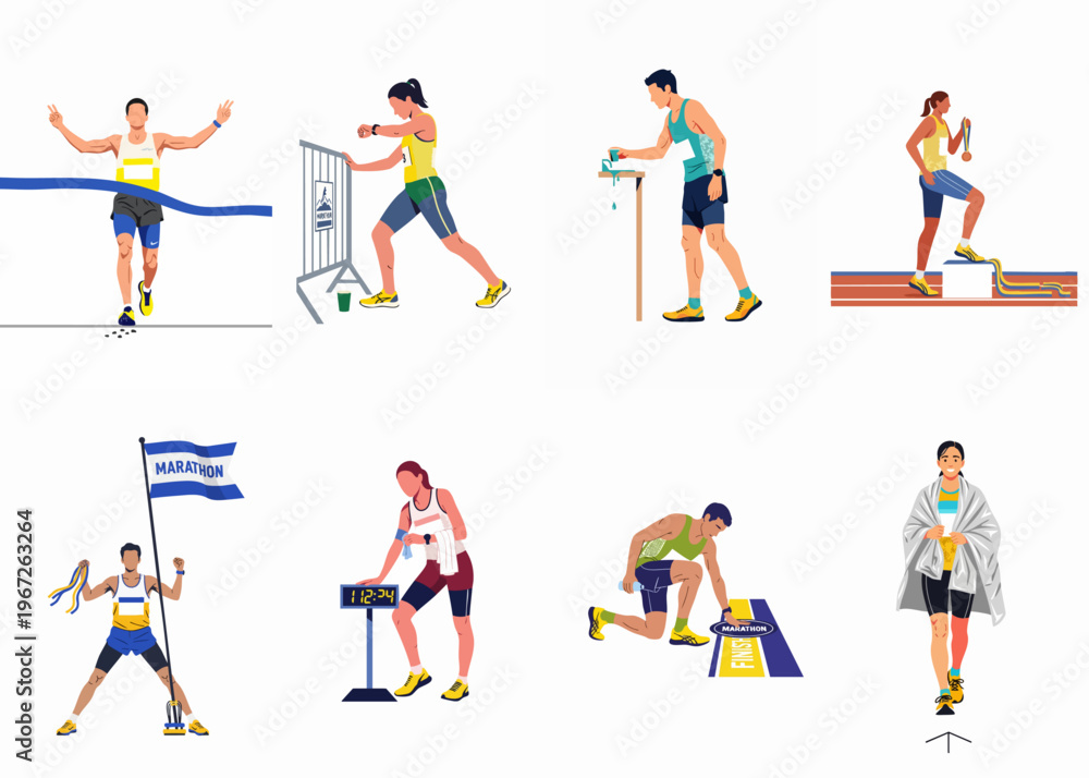 Fototapeta premium Set of flat vector illustrations depicting marathon runners during various race stages, including crossing the finish line, hydration, and celebrating victory with medals.