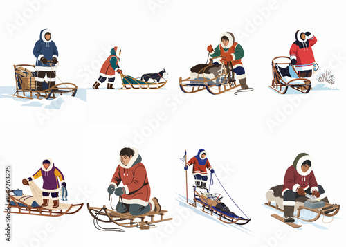 A collection of detailed illustrations depicting Inuit people in traditional parkas using dog sleds and carrying out daily tasks in the snowy Arctic.