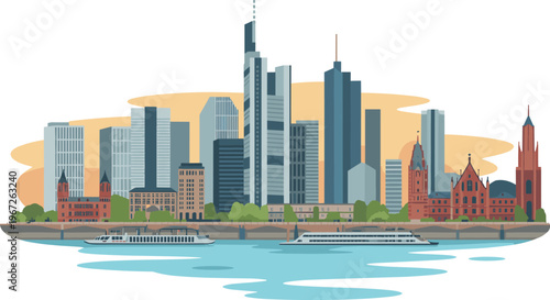 Frankfurt skyline Germany cityscape, modern skyscrapers, river Main waterfront, historic buildings, urban architecture, travel landmark, vector illustration design