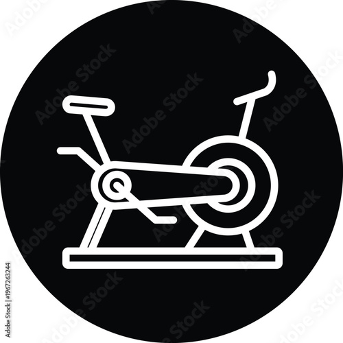 Stationary Bike icon white line art on black circle background vector fitness cycle