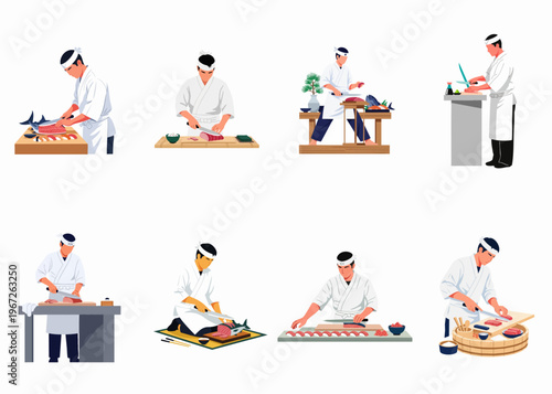 Collection of professional Japanese sushi chefs in traditional attire skillfully preparing fresh sashimi and nigiri sushi, isolated on a white background.