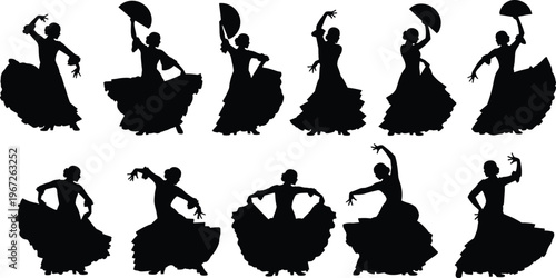 Traditional Flamenco Dancer Silhouettes Collection Featuring Elegant Spanish Women in Ruffled Dresses with Folding Fans for Cultural Performance and Vector Design.