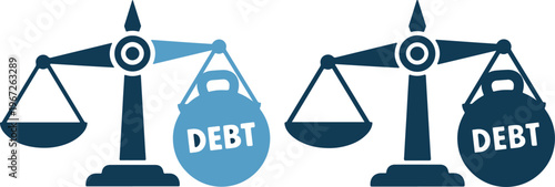 Balance scales with debt bags on both sides in blue tones