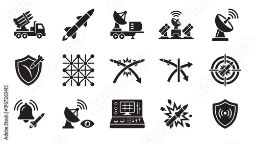 Military defense and missile system glyph icon set for air defense, radar surveillance, cybersecurity, and warfare technology UI design