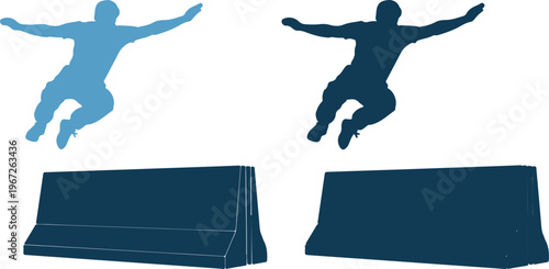 Two navy blue sleeping bags and two jumping people in different shades