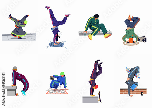 Set of vector illustrations depicting urban street dancers performing breakdance moves and dynamic stunts in stylish streetwear and hip hop culture.