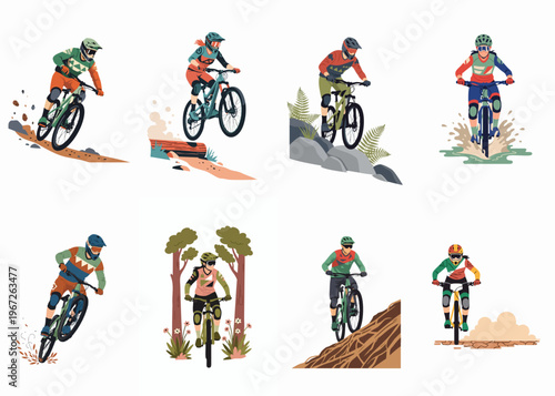 Set of diverse mountain biking illustrations featuring male and female riders tackling various terrains like forests, mud, and rocky trails.