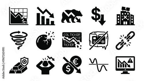 Economic recession and financial crisis glyph icon set for market decline, inflation, debt risk, and investment loss UI design