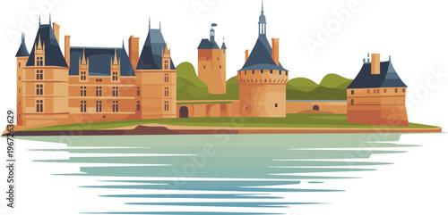 French castle landscape illustration, historic chateau with towers by water reflection, European architecture landmark, travel destination, elegant vector scenic design