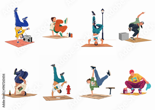 Collection of diverse breakdancers performing acrobatic street dance moves on cardboard pieces, featuring male and female dancers with urban elements and boomboxes.