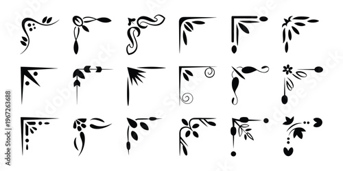 Bild auf Leinwand doodle corners, swirl line ornaments with floral flourishes and ornate filigree for vintage card retro certificate borders and baroque elements, fancy corner vector isolated set
