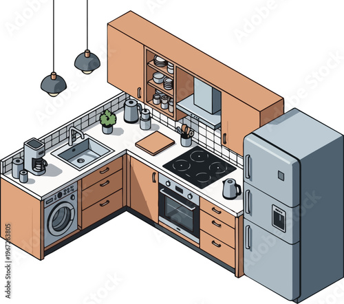 Modern Isometric Kitchen Interior Design with Wooden Cabinets and Appliances