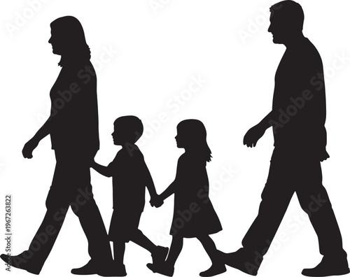Family silhouette, walking together, black vector icons, family unity, parent child