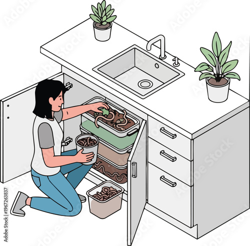 Woman Managing Indoor Worm Farm for Vermicomposting Under Kitchen Sink, Isometric Vector Illustration for Sustainable Living and Zero Waste Lifestyle