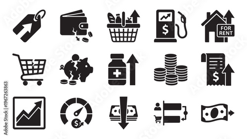Cost of living and inflation glyph icon set for consumer spending, price increase, household budgeting, and economic pressure UI design