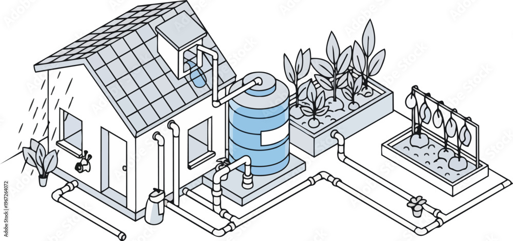 Fototapeta premium Isometric Sustainable House Illustration with Rainwater Harvesting, Greywater Recycling and Garden Irrigation System