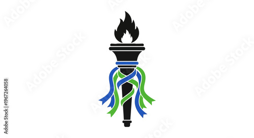 Olympic torch with green blue ribbons.