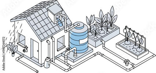 Isometric Sustainable House Illustration with Rainwater Harvesting, Greywater Recycling and Garden Irrigation System