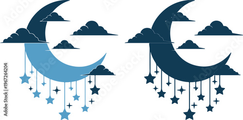 Crescent moon and stars hanging from clouds in the night sky