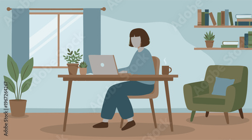 Woman working remotely on laptop at her home office desk illustration