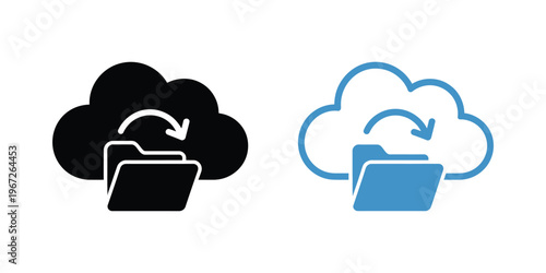 cloud file sync icon set, online storage data synchronization symbols with upload download backup sharing and cloud computing elements for technology network vector illustration design.