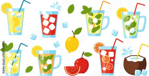 Refreshing Summer Drinks Collection Featuring Fruit Juices, Mojito Cocktails, Lemonade, Watermelon and Coconut Beverages Colorful Vector Illustration Set