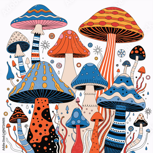 Adobe Illustration Colorful psychedelic mushroom pattern illustration on white background