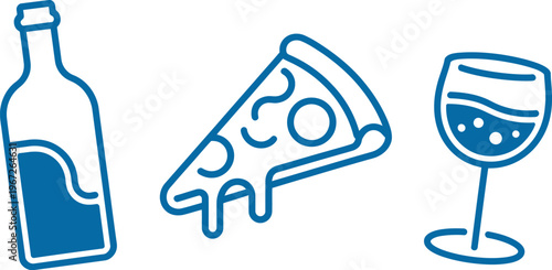 Wine pizza and glass doodle icon set, hand drawn food and drink elements, bottle slice glass symbols, vector illustration isolated