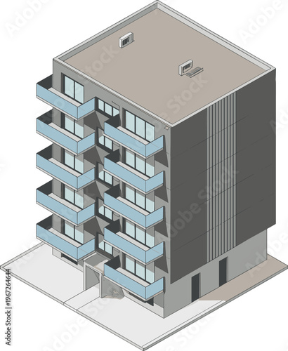 Isometric apartment building illustration, modern residential architecture, urban housing, real estate property, balcony facade, city living, minimal 3D design concept
