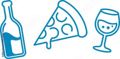 Wine pizza and glass doodle icon set, hand drawn food and drink elements, bottle slice glass symbols, vector illustration isolated