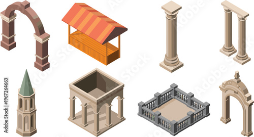 Isometric architectural elements collection, arches columns kiosks pavilion and towers, classic building components, historic design assets, vector illustration set