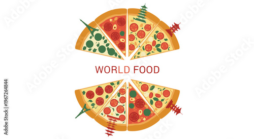 A variety of pizza slices with toppings.