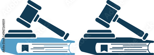 Law books with judge gavel on top, legal concept icons in blue tones