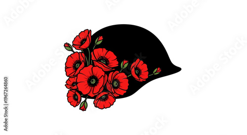 Black beret with red poppy flowers.