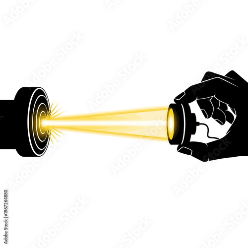 Hand holding flashlight with bright beam.