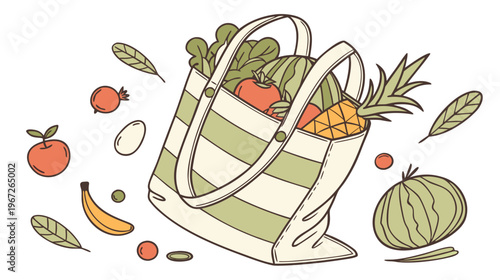 Reusable eco bag with fresh vegetables and fruits on white background, photorealistic image with copy space. Zero waste concept, healthy eating, vegetarian diet, grocery shopping, sustainable .vector