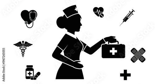 Nurse with medical aid kit.