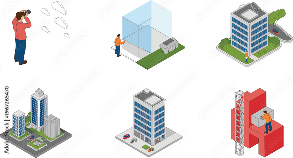 Fototapeta premium Isometric architecture workflow construction design process engineer photographer buildings development concept 3D illustration urban planning modeling city project visualization