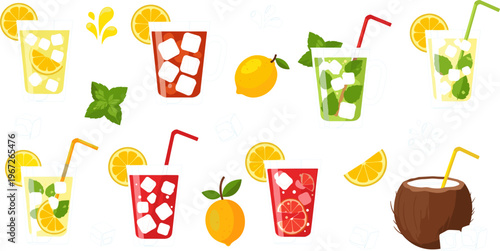 Refreshing Summer Drinks Collection Featuring Fruit Juices, Mojito Cocktails, Lemonade, Watermelon and Coconut Beverages Colorful Vector Illustration Set