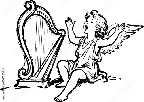 Cherubic angel with wings singing beside harp, vintage black and white illustration