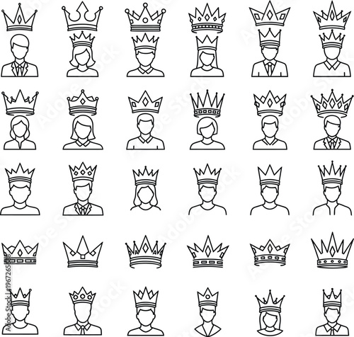 Set of 30 Linear Icons Featuring Crowned Avatars and Royal Crowns for Leadership, Success, and Royalty Concepts in UI and Branding Design